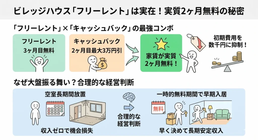 ビレッジハウスのフリーレントとキャッシュバックの仕組みを解説した図。3ヶ月目無料のフリーレントと2ヶ月目最大3万円引のキャッシュバックを組み合わせることで家賃が実質2ヶ月無料になり、初期費用が数千円に抑えられるメリットと、早期入居を促す経営側の合理的判断（空室放置より一時無料の方が収益性が高い）について説明。