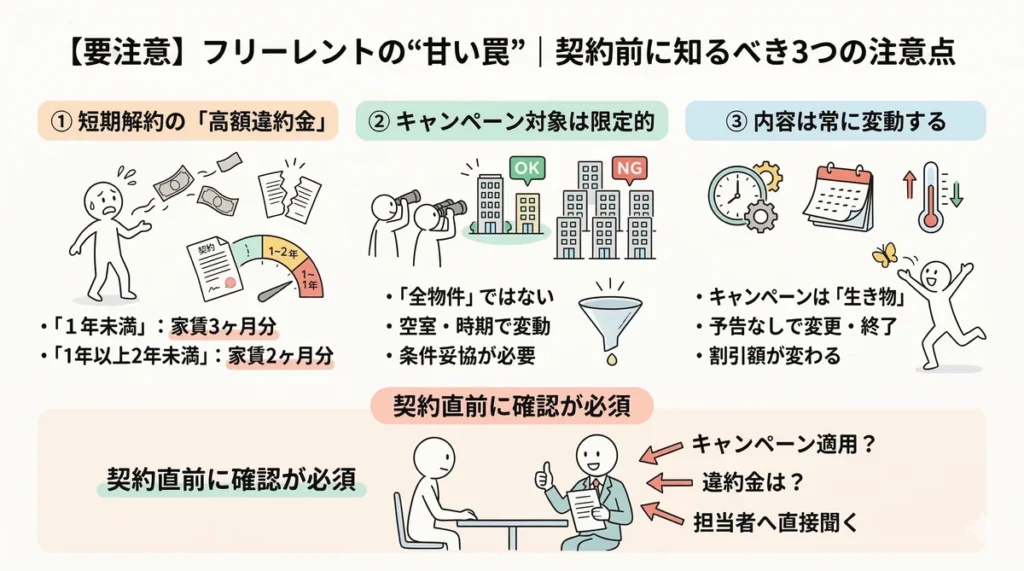 フリーレント利用時の3つの注意点をまとめた図。2年未満の解約で発生する高額な違約金（1年未満は家賃3ヶ月分、2年未満は2ヶ月分）、キャンペーン対象が全物件ではない点、内容が随時変動する点を示し、契約直前の担当者への直接確認を推奨している。
