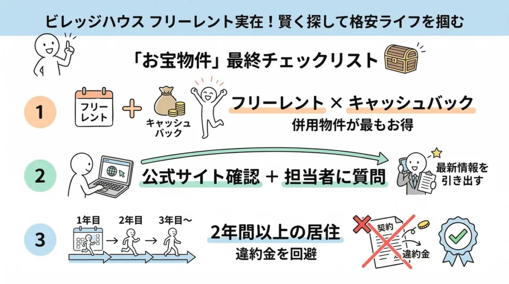 ビレッジハウスでお宝物件を掴むための最終チェックリスト。フリーレントとキャッシュバックの併用物件を最優先すること、公式サイト確認に担当者への質問を組み合わせること、違約金を回避するために2年以上の居住を前提にすることの3点を整理。