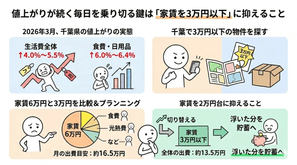 2026年3月の千葉県における値上がりの実態と、家賃を3万円以下に抑えた場合の節約効果を比較した図。生活費全体が約4.0〜5.5%上昇し、食費・日用品が約6.0〜6.4%上昇する中で、家賃を6万円から3万円以下に切り替えることで、月々の出費を約16.5万円から約13.5万円に減らし、浮いた分を貯蓄に回せることを示している。