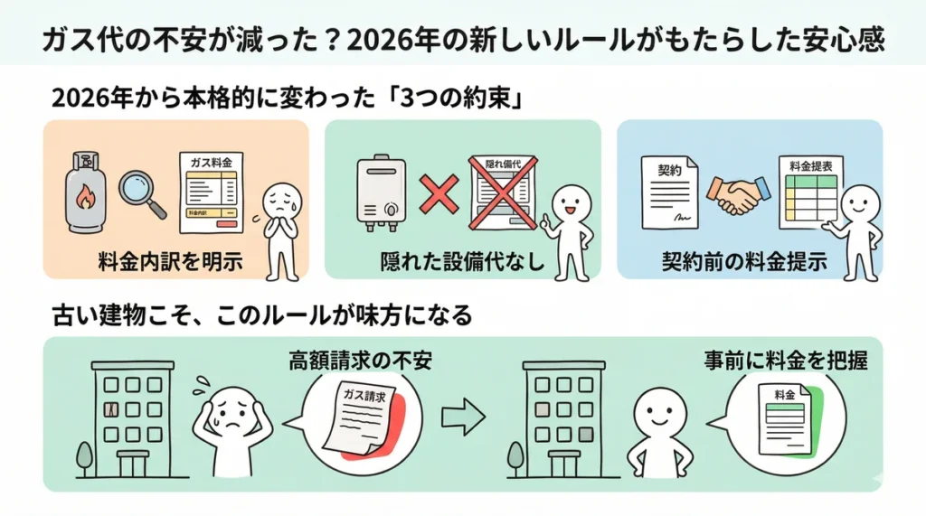 2026年から本格施行されたプロパンガス料金の新しいルール「3つの約束」を説明する図。料金内訳の明示、隠れた設備代の禁止、契約前の料金提示の3点を解説している。これにより、古い建物でも事前に料金を把握でき、入居後の高額請求の不安が解消される仕組みをイラストで示している。