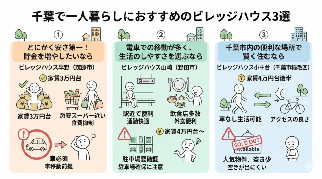 千葉県で一人暮らしにおすすめのビレッジハウス3選の比較図。1.安さ重視の「ビレッジハウス早野（茂原市）」、2.駅近で利便性重視の「ビレッジハウス山崎（野田市）」、3.千葉市内の便利な場所にある「ビレッジハウス小中台（千葉市稲毛区）」の家賃目安、メリット、駐車場や空室状況などの注意点を提示している。