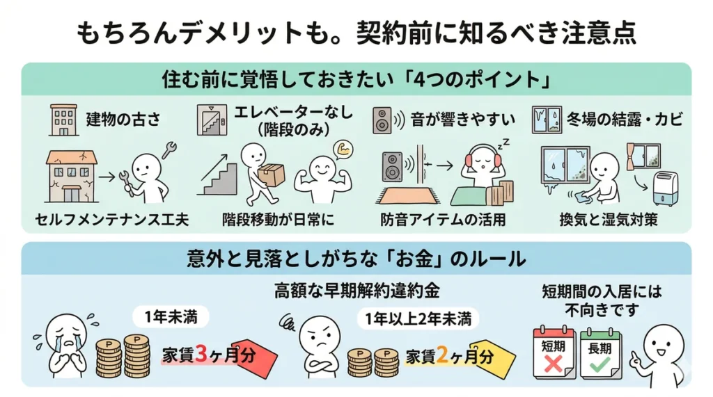 ビレッジハウスのデメリットと注意点をまとめた図。建物の古さ、エレベーターなし（階段のみ）、音の響きやすさ、冬場の結露・カビの4つの覚悟すべきポイントと、早期解約時にかかる高額な違約金ルール（1年未満は家賃3ヶ月分、2年未満は2ヶ月分）を解説している。
