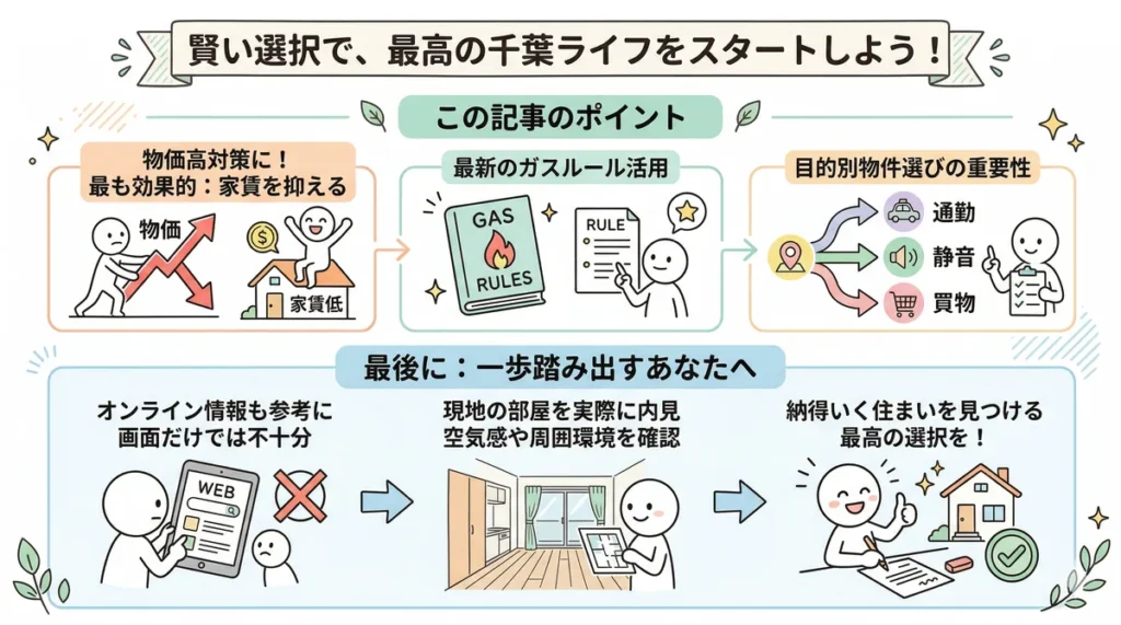 記事のまとめと最後のアドバイス。物価高対策としての家賃抑制、最新のガスルールの活用、目的別の物件選びの重要性を振り返るとともに、オンライン情報だけでなく実際に現地を内見し、空気感や周囲環境を確認して納得のいく住まいを見つけるステップを示している。