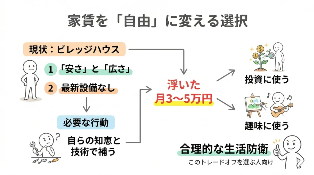 ビレッジハウスで浮いた月3〜5万円の家賃を投資や趣味に回し、合理的な生活防衛を実現する選択の図解