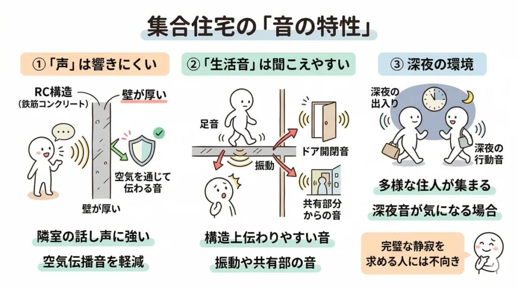 集合住宅の音の特性。RC造は「声」に強いが、足音やドアの開閉音などの「衝撃音」は伝わりやすいことの解説