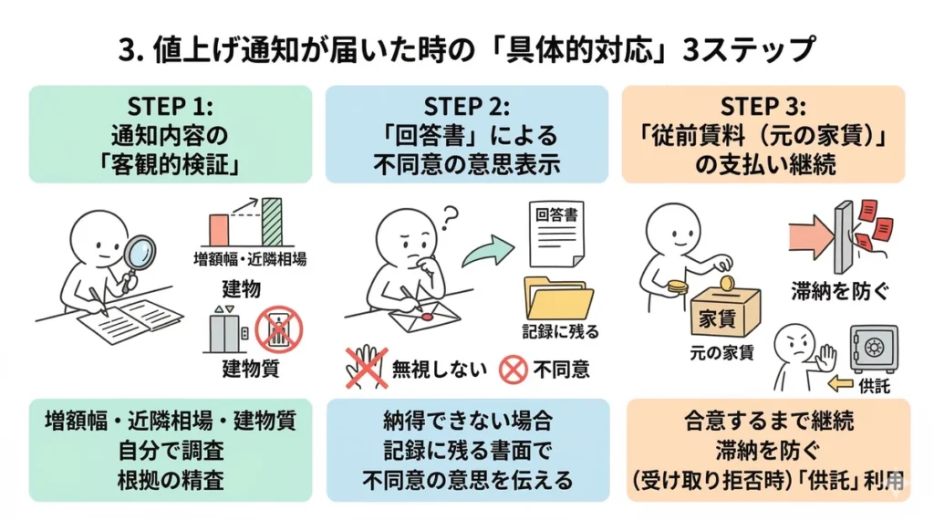 通知への具体的対応。根拠の検証、回答書による不同意の意思表示、旧家賃の支払い継続（受取拒否時は供託）の3ステップを解説。