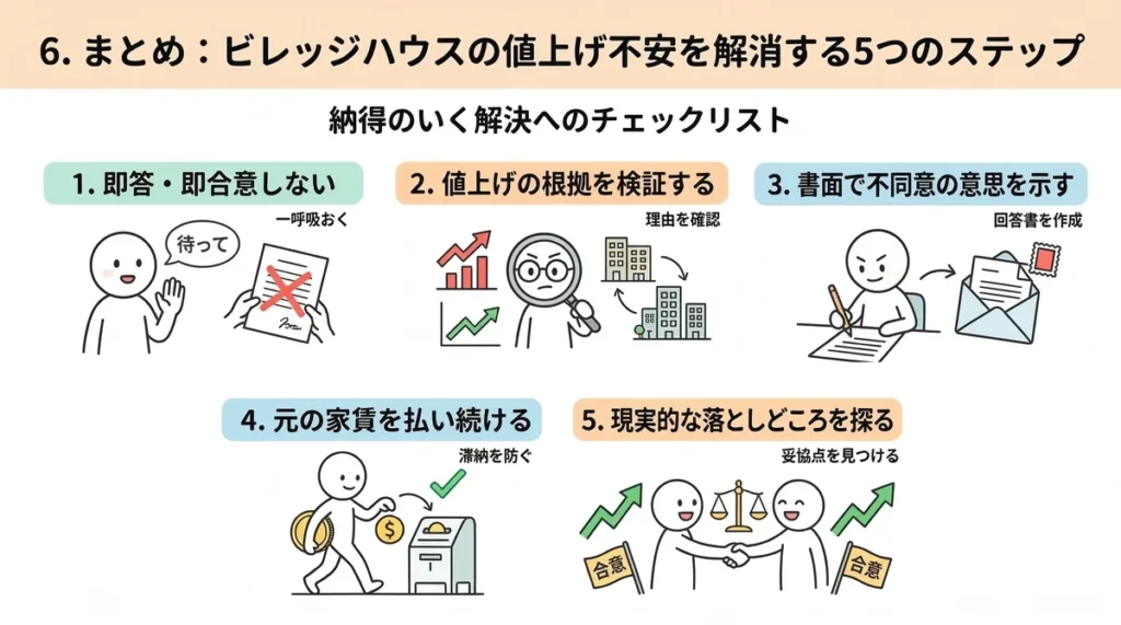 納得のいく解決に向けた5つの実践リスト。即合意しない、根拠検証、不同意の回答書、旧家賃継続、妥協点探しを横並びで図解。