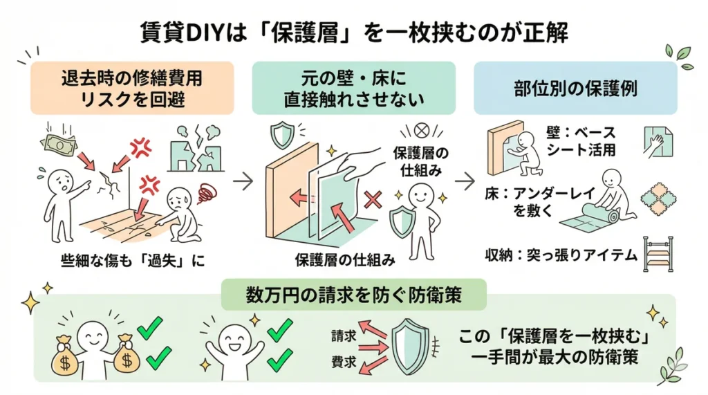 ALT:賃貸物件で壁や床を傷つけないために「保護層」を挟む仕組みを説明した図解。壁のベースシート、床のアンダーレイ、突っ張りアイテムの例が描かれている。