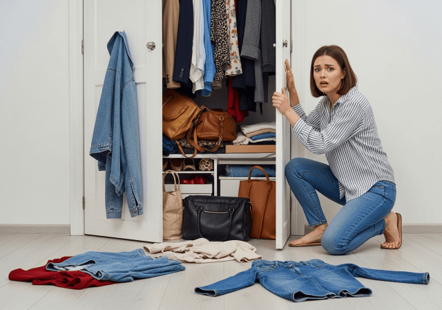 収納が足りなく、クローゼットの扉が閉まらなくて困っている女性