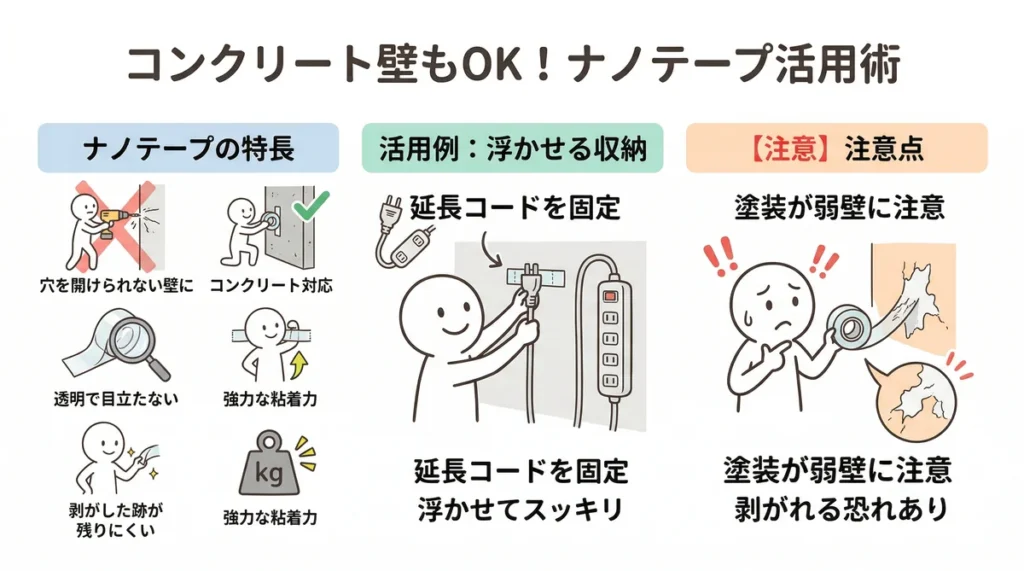 穴を開けられないコンクリート壁でも使えるナノテープのメリット(透明、強力粘着、跡が残りにくい)と、塗装が弱い壁では表面が剥がれる注意点を示した図解。
