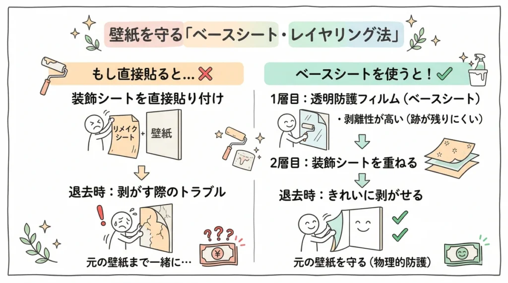 装飾シートを直接貼るリスクと、透明なベースシート(保護フィルム)を1層目に貼ってから装飾シートを重ねる「レイヤリング法」を比較した図解。