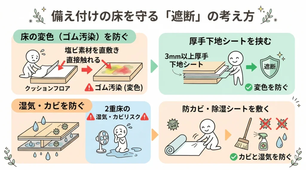 床の変色(ゴム汚染)を防ぐ厚手の下地シートと、2重床の湿気・カビ対策として防カビ・除湿シートを敷く重要性を解説した図解。