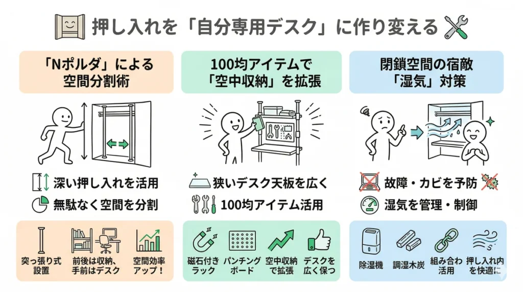 押し入れをデスクにするための空間分割術。突っ張り棚での収納確保、100均アイテムの活用、除湿機や調湿木炭による湿気対策をまとめた図解。