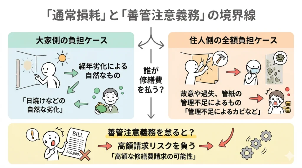 経年劣化による「大家側の負担」と、故意・過失・管理不足による「住人側の負担」の境界線を説明し、善管注意義務の重要性を伝えている図解。