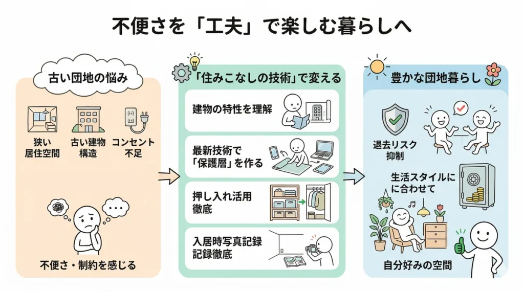 古い団地の制約を、建物の理解、保護層の作成、写真記録などの「住みこなしの技術」で解決し、豊かな暮らしに変えるステップを描いた図解。