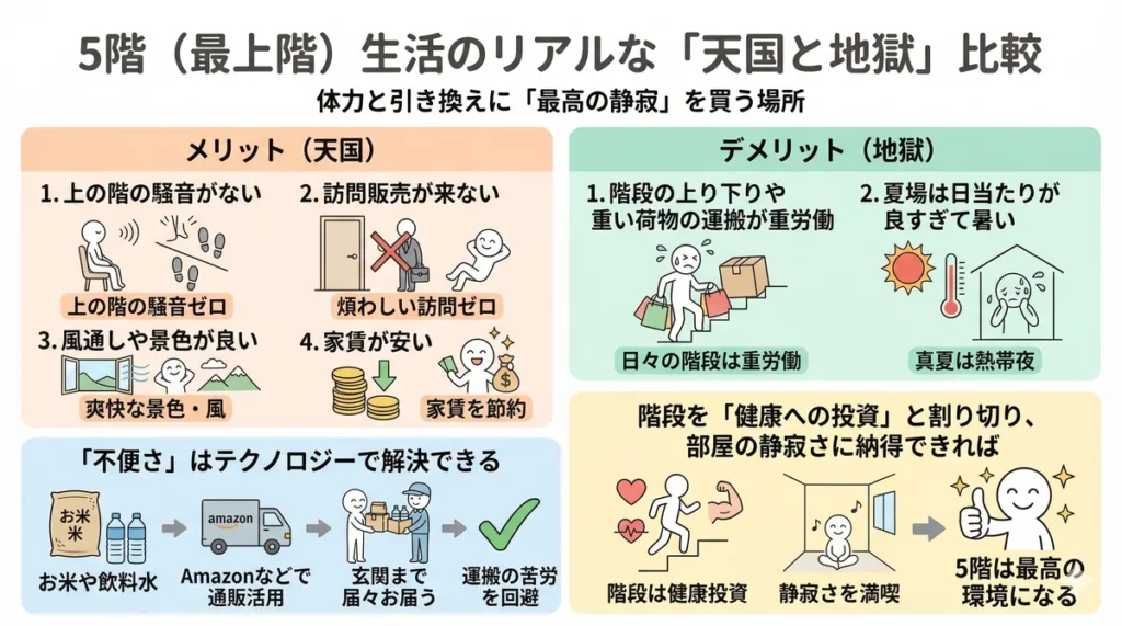 ビレッジハウスの5階生活のメリットとデメリットを比較した図。「天国（メリット）」として上階の騒音ゼロ、訪問販売なし、景色・風通しの良さ、家賃の安さを提示。「地獄（デメリット）」として階段の重労働、夏場の暑さを挙げている。解決策としてAmazon等の通販活用で運搬の苦労を回避する方法や、階段を健康投資と捉えるマインドを解説している。