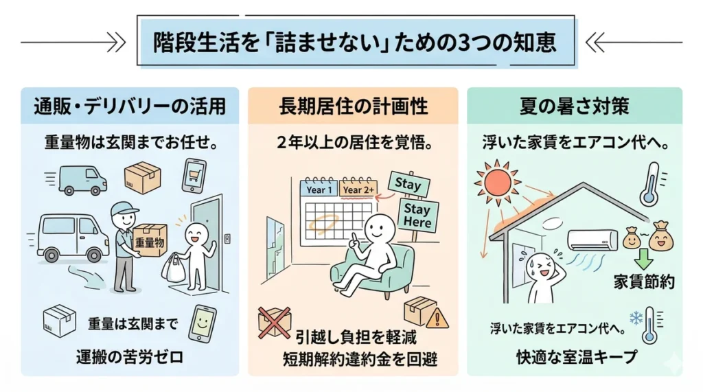 階段生活を快適に続けるための3つの攻略術。重量物は通販・デリバリーを頼み玄関まで運んでもらう「運搬の苦労ゼロ」、短期解約違約金を避けるための「2年以上の居住計画」、浮いた家賃分を電気代に回す「夏の暑さ対策（エアコン活用）」の3ステップを具体的に解説している。