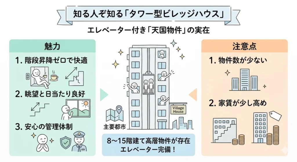 エレベーター完備の「タワー型ビレッジハウス」の紹介図。魅力として「階段昇降ゼロ」「眺望と日当たり」「安心の管理体制」を挙げ、注意点として「物件数が少ない」「家賃が少し高め」であることを説明。主要都市に存在する8〜15階建て高層物件の存在を伝えている。