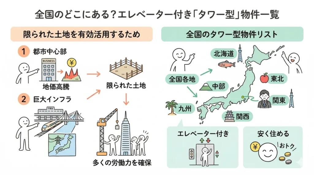 エレベーター付きタワー型物件が建設された歴史的背景(都市部の地価高騰や巨大インフラ周辺の労働力確保)と、北海道から九州まで全国に点在するタワー型物件の分布イメージを図解。