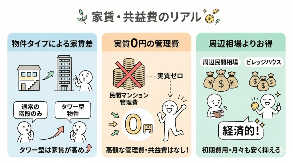 タワー型物件の家賃・共益費のリアルな実態。通常の階段物件より家賃は高いが、高額な管理費がなく、周辺の民間相場と比べると初期費用も月々の支払いも圧倒的に安く抑えられることを解説している。
