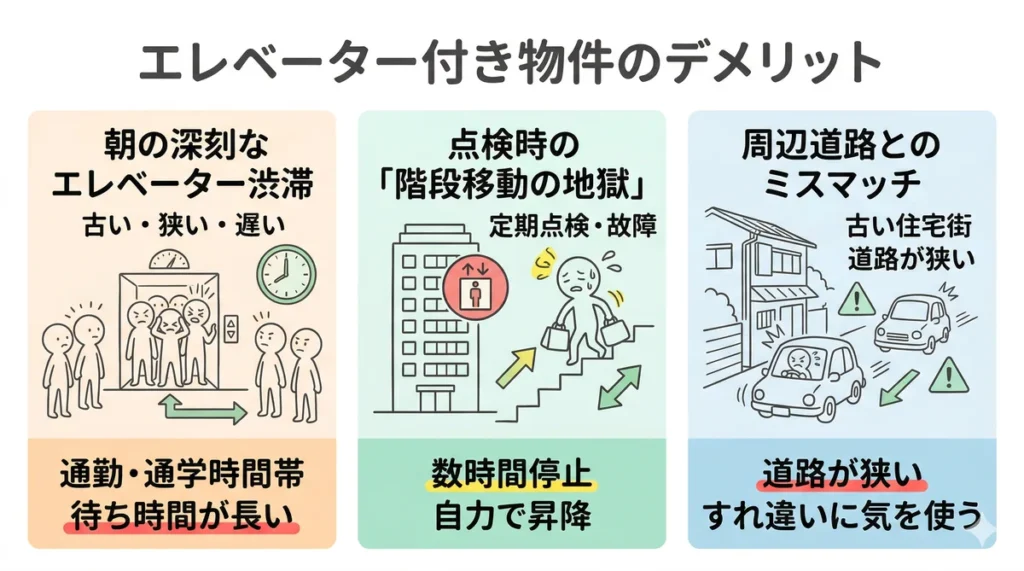 エレベーター付き物件の3つのデメリットを図解。朝の通勤時間帯の深刻なエレベーター渋滞、定期点検や故障時に発生する数時間の階段移動の負担、周辺の古い道路が狭いというミスマッチを解説している。