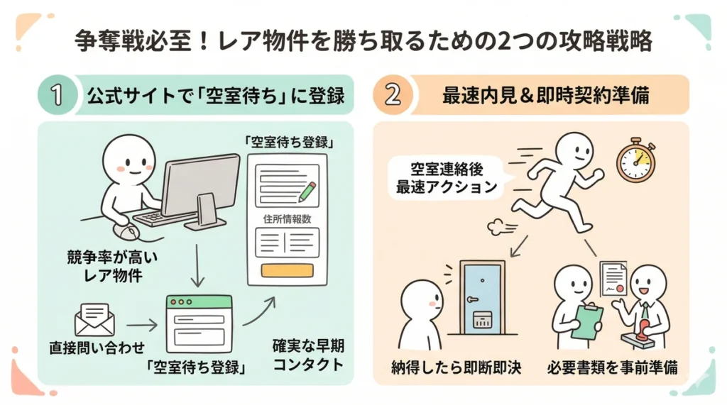レア物件を勝ち取るための2つの攻略戦略を図解。公式サイトから直接問い合わせる「空室待ち登録」と、連絡が来たら最速で内見し、納得したらすぐに即時契約できるよう必要書類を事前準備することの重要性を説明している。