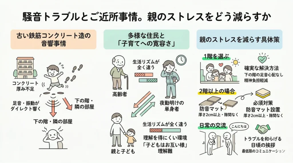 騒音トラブルの要因と対策を示す図。古いRC造の音の響きやすさや多様な住民層による理解の難しさを挙げ、1階の選択や防音マット設置、日常の挨拶などの対策を提案している。
