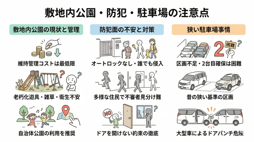 敷地内の公園や駐車場などの環境に関する注意点を示す図。公園の管理不足、オートロックがないことによる防犯の不安、駐車場が狭く2台目の確保が難しい現状を解説している。