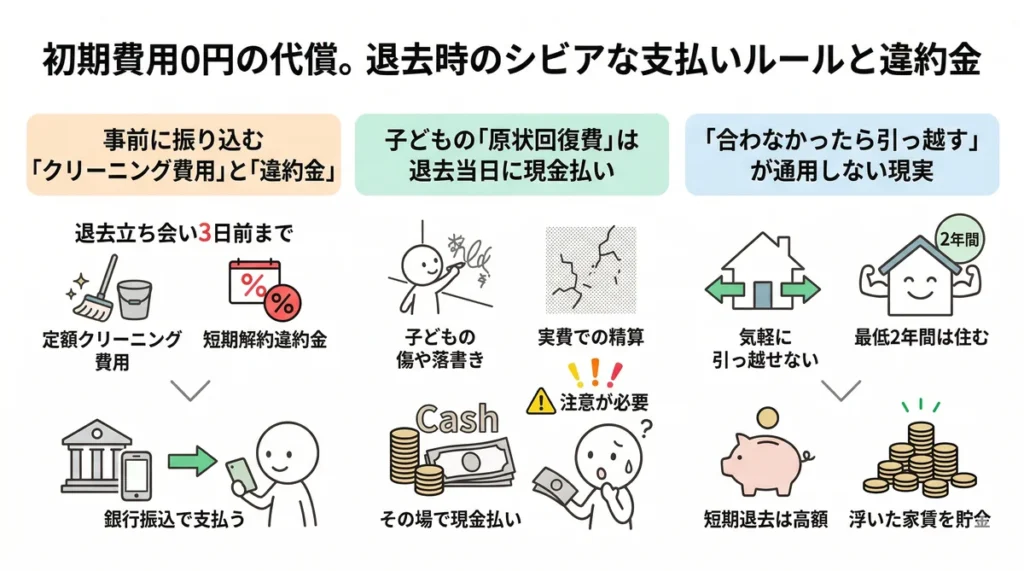 退去時の厳しい支払いルールを示す図。クリーニング費用などは立ち会い3日前までの銀行振込、子どもの落書き等の原状回復費は当日の現金払いとなる独自の仕組みを解説している。