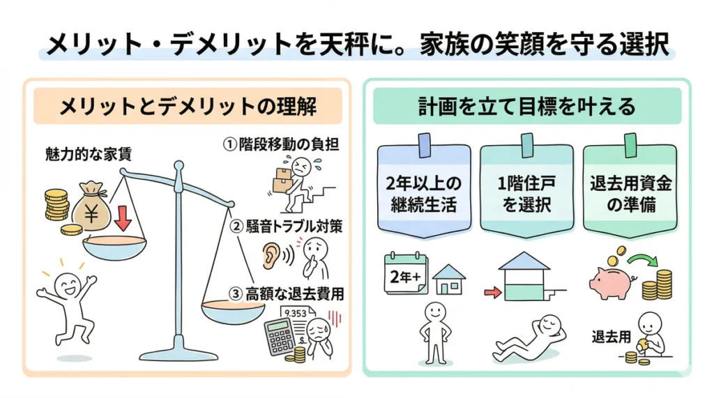 ビレッジハウスのメリットとデメリットのまとめ図。魅力的な家賃に対し、階段・騒音・退去費用の負担を天秤にかけ、1階の選択や退去資金の準備などの計画が重要であることを伝えている。
