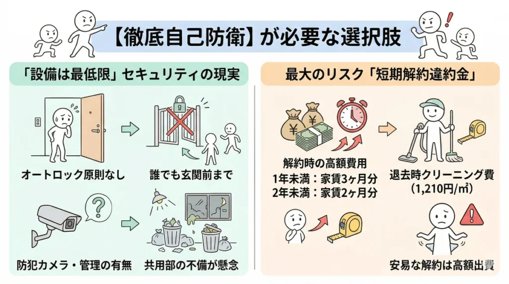 ビレッジハウスのメリットとリスクの全体像を示すインフォグラフィック。「セキュリティの現実（オートロックなし、共用部不備など）」と「最大のリスク（短期解約違約金、退去クリーニング費）」を比較している。徹底した自己防衛が必要であることを強調。