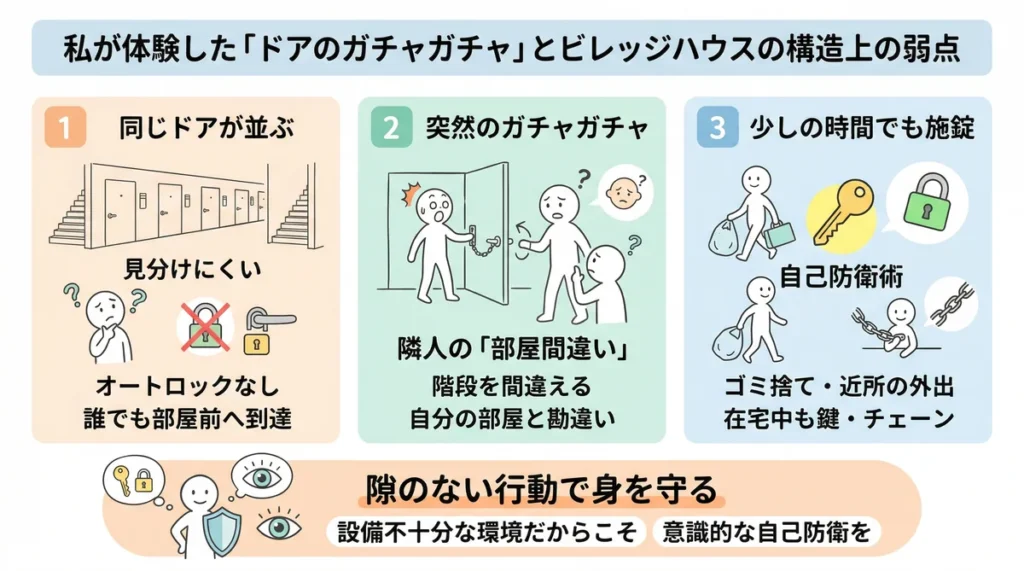 ビレッジハウスの構造的な弱点（同じドアが並びオートロックがないこと）による、隣人の部屋間違いトラブルをイラストで説明する図。ゴミ捨てなど短時間でも施錠徹底の必要性を説いている。