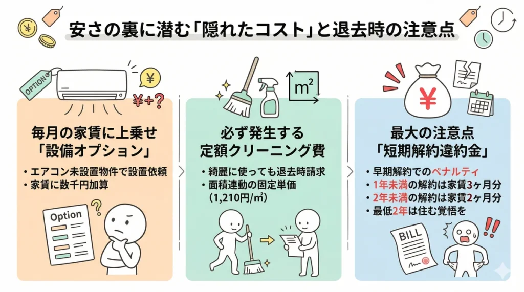 ビレッジハウスの契約時に見落としがちな3つのコスト（設備オプション、定額クリーニング費、短期解約違約金）を解説したインフォグラフィック。2年未満の退去リスクを強調。