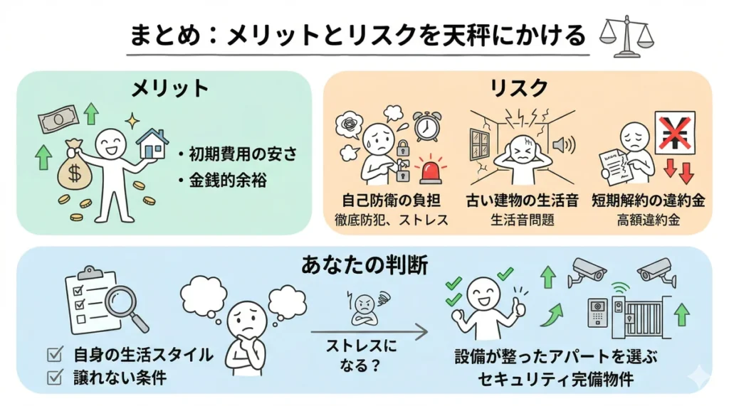 ビレッジハウスのメリット（初期費用安）とリスク（防犯負担、騒音、違約金）を天秤にかけ、自身の生活スタイルに合わせて選択することを促すインフォグラフィック。設備重視物件の選択肢も提示。