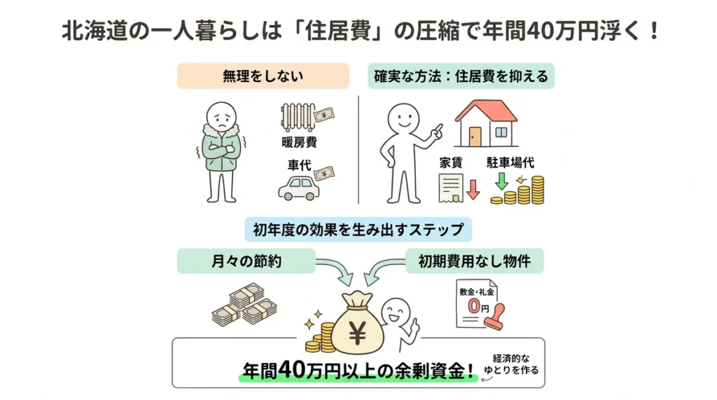 北海道での生活費節約の図解。暖房費や車代など削れない固定費ではなく、家賃と駐車場代を抑えることで、年間40万円以上の余剰資金（手残り金）を生み出すことができる。