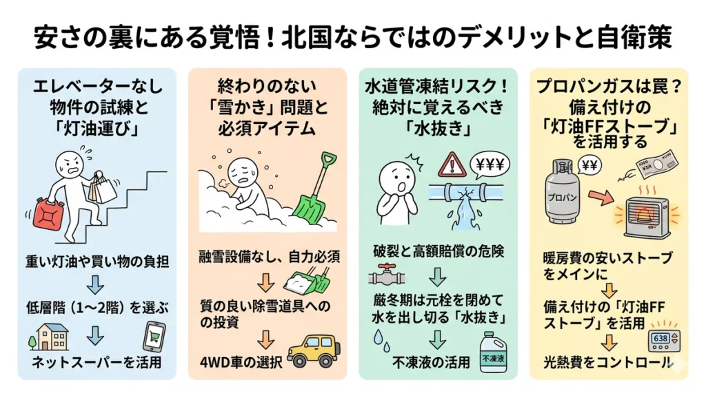 北国ならではのデメリットと自衛策の図解。エレベーターなしの灯油運びには低層階選び、雪かきには質の良い道具と4WD、凍結対策には水抜き、高いガス代には備え付けの灯油FFストーブを活用する。