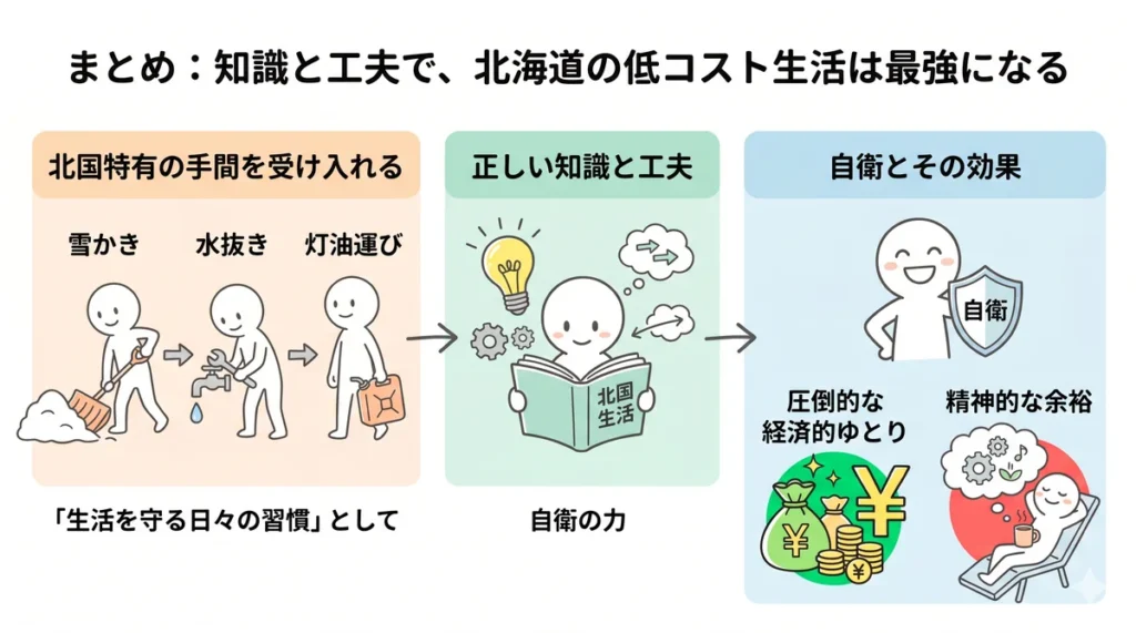 北海道での低コスト生活まとめの図解。雪かき、水抜き、灯油運びといった北国特有の手間を「生活を守る日々の習慣」として受け入れ、正しい知識と工夫で自衛することで、圧倒的な経済的ゆとりと精神的な余裕が生まれる。