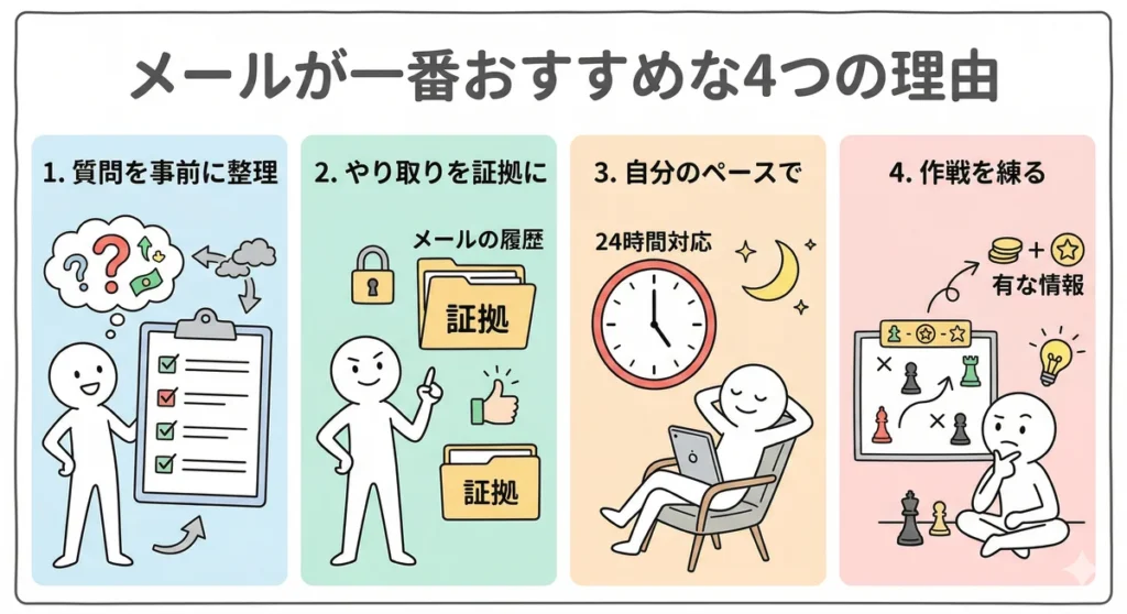 ビレッジハウスへの問い合わせにメールが最適な理由を4つの項目で説明した図。1.質問を事前に整理して損を防ぐ、2.履歴を証拠として残し自分を守る、3.24時間自分のペースで進められる、4.有益な情報を引き出すために作戦を練られる、という利点をイラストで解説している。