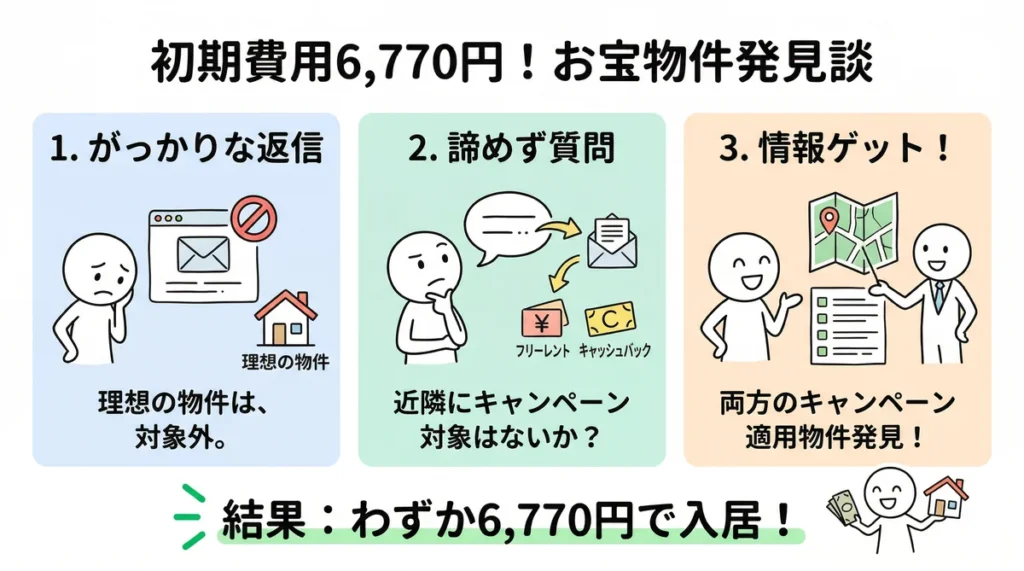 初期費用わずか6,770円で入居できた実録フロー。第一志望がキャンペーン対象外だった絶望から、諦めずに「近隣に対象物件はないか」と魔法の質問を送り、フリーレントとキャッシュバック両方の対象物件を見つけ出すまでの3ステップを示している。