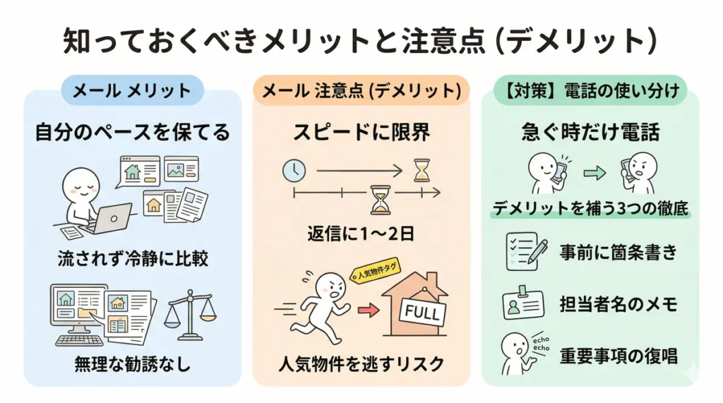 メールのメリット(自分のペース、無理な勧誘なし)と注意点(返信までのラグ、人気物件を逃すリスク)を比較した図。対策として「急ぐ時だけ電話」を使い分け、その際は事前メモ、担当者名の記録、重要事項の復唱を徹底することを推奨している。