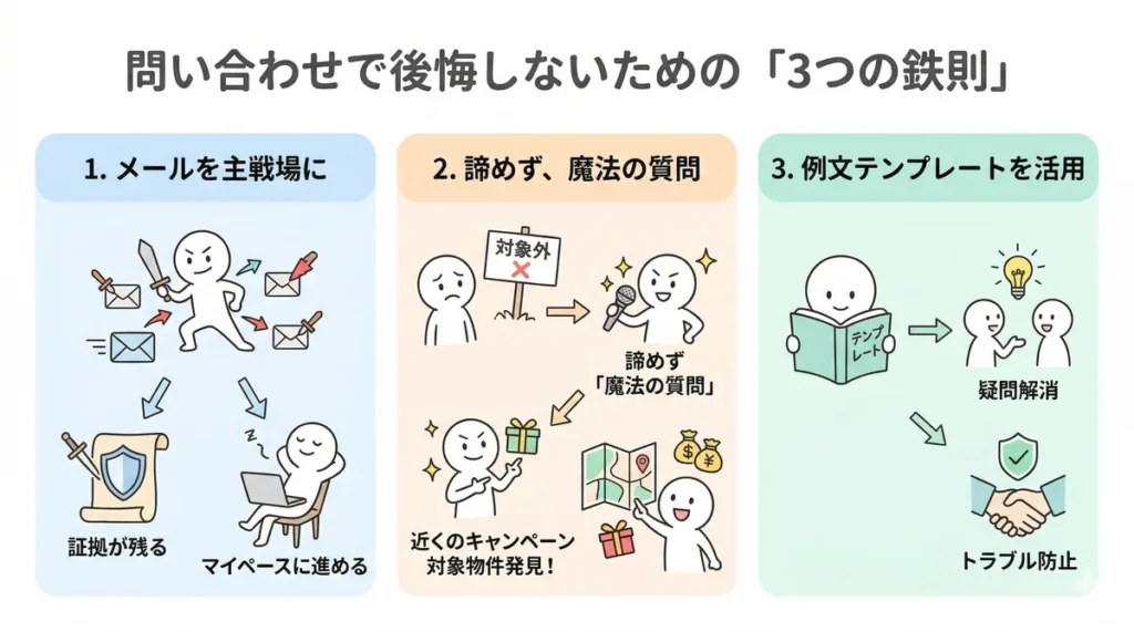 問い合わせの成功を左右する3つの鉄則まとめ。メールを主戦場にして証拠と自分のペースを守ること、対象外と言われても「魔法の質問」で諦めないこと、例文テンプレートを活用して疑問解消とトラブル防止を図ることをイラストで提示している。