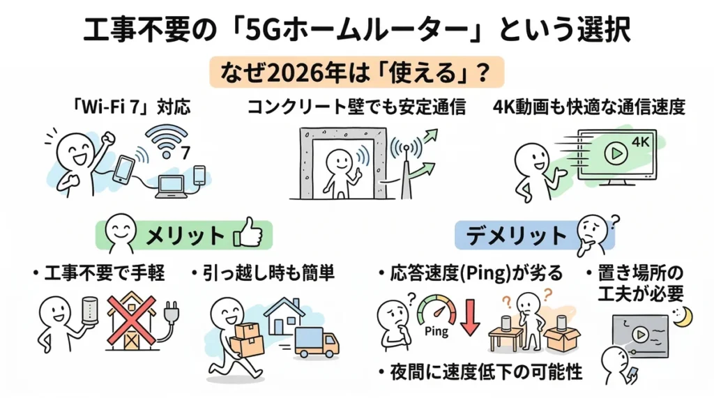 2026年になぜホームルーターが有効かを解説。Wi-Fi 7対応やコンクリート壁への安定通信、4K動画対応などのメリットと、Ping値の弱点や置き場所の工夫などのデメリットをまとめている。