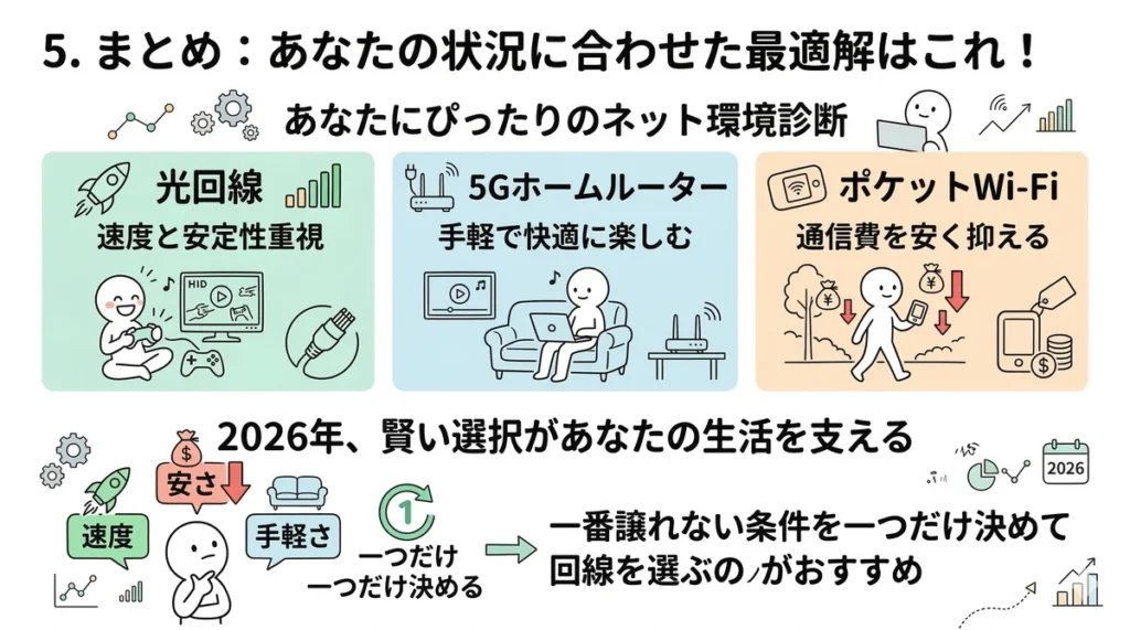状況別のネット環境診断。速度重視なら光回線、手軽さならホームルーター、安さならポケットWi-Fiを推奨。2026年の生活を支えるために、譲れない条件を一つ決めて選ぶようアドバイスしている。