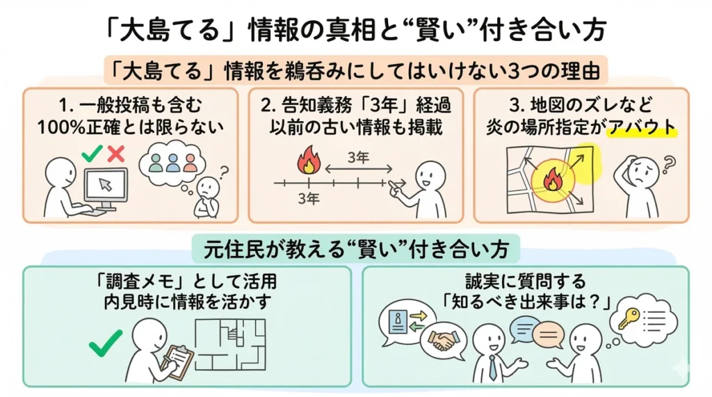 大島てるサイトの賢い付き合い方を解説した図。サイトを「調査メモ」として活用し、内見時に「知るべき出来事はあったか」と担当者へ誠実に質問する手順を紹介。
