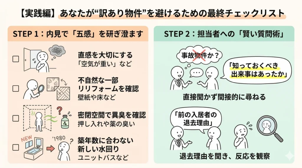 訳あり物件を避けるための最終チェックリスト。内見時に五感を使って不自然なリフォームや臭いを確認する手順と、退去理由を間接的に尋ねる質問術を図解。