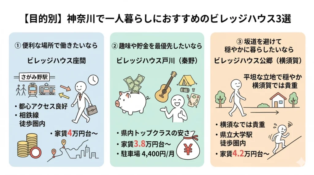 神奈川県内でおすすめのビレッジハウス3選（座間・戸川・公郷）の特徴をまとめた比較図。
