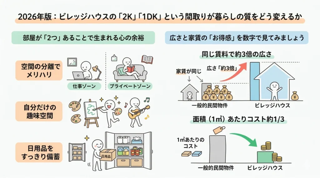 部屋が2つある間取りの利点を紹介する図。仕事と生活の分離や、面積あたりのコストが民間の約1/3になることを示している。