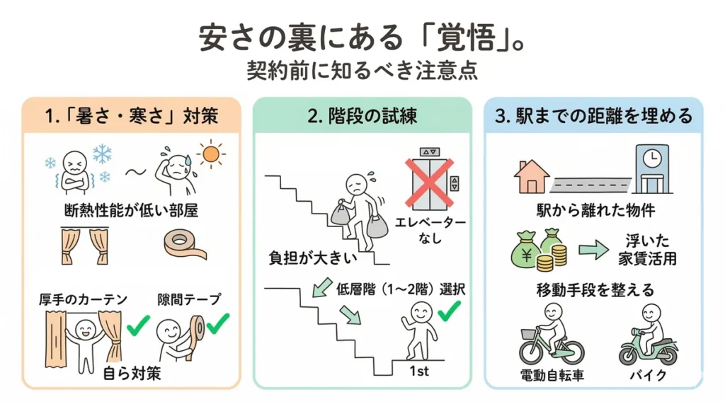 ビレッジハウスの注意点と対策をまとめた図。断熱、階段、駅からの距離を工夫で補う方法を提案。