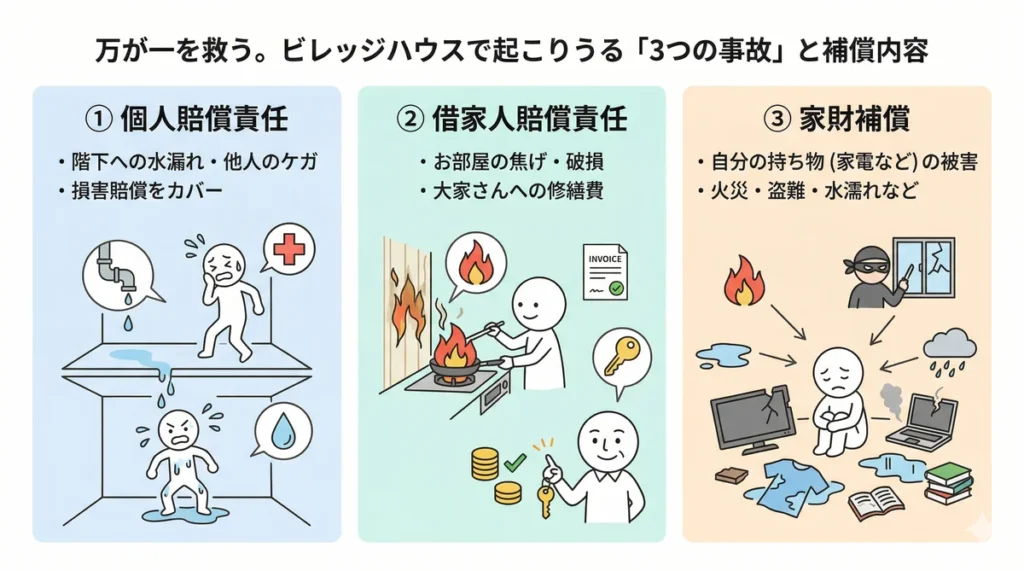 火災保険がカバーする3つの事故の実例図。①個人賠償責任(階下への水漏れや他人のケガ)、②借家人賠償責任(お部屋の焦げや破損による大家さんへの修繕費)、③家財補償(火災・盗難・水漏れによる自分の持ち物の被害)を分かりやすいイラストで説明している。
